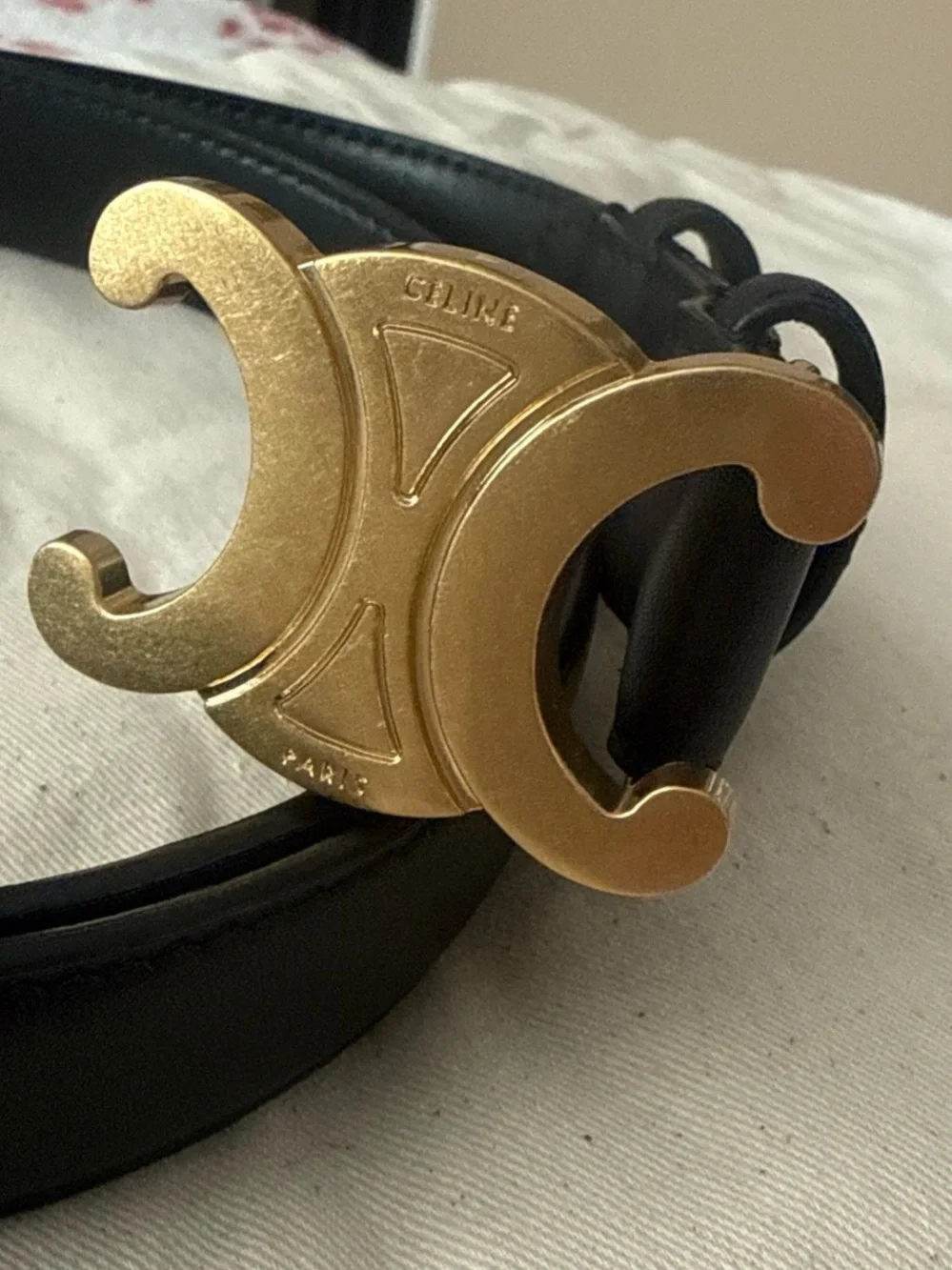 Celine Black Leather Belt with Gold Triomphe Buckle